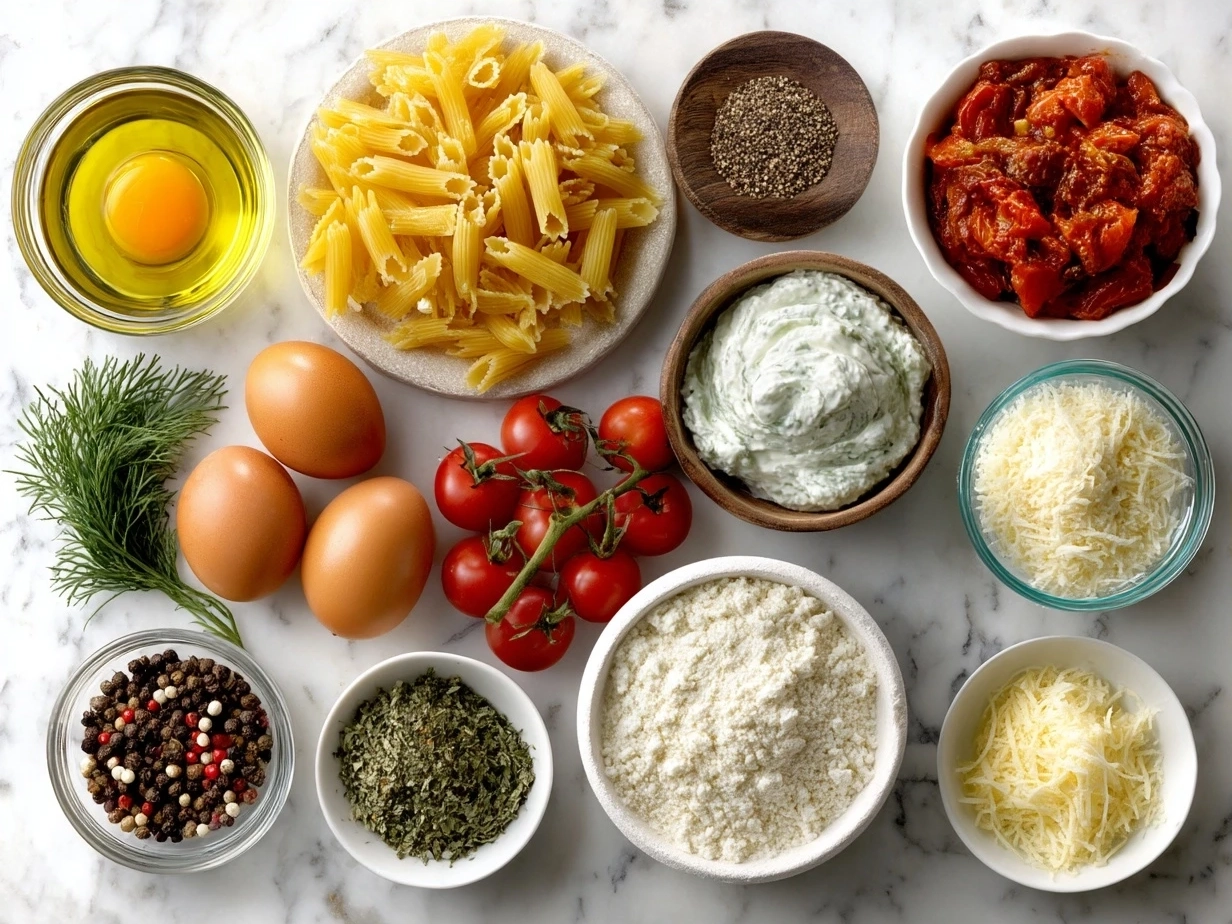 Ingredients for Tomato Creamy Pasta laid out on a kitchen counter