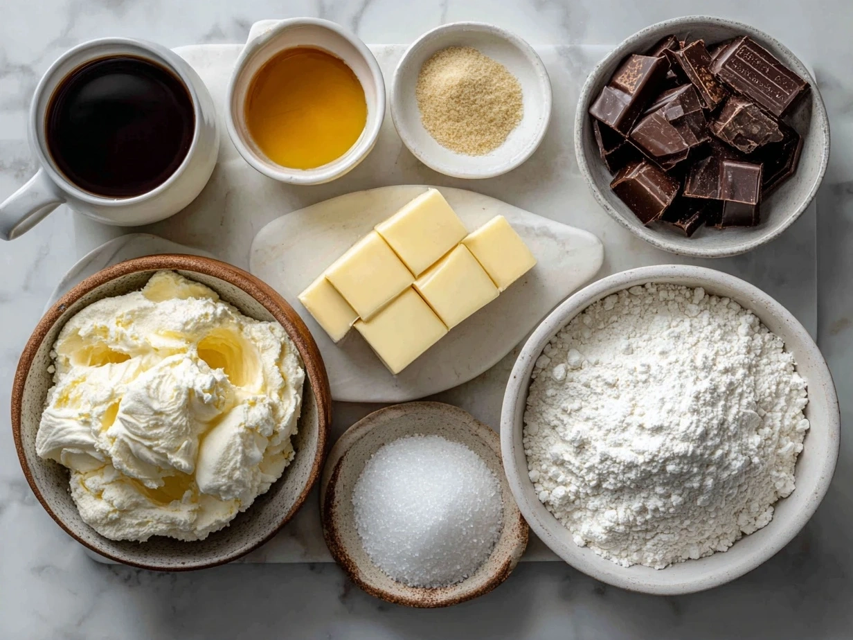 Ingredients for Brown Butter Cheesecake laid out on a countertop