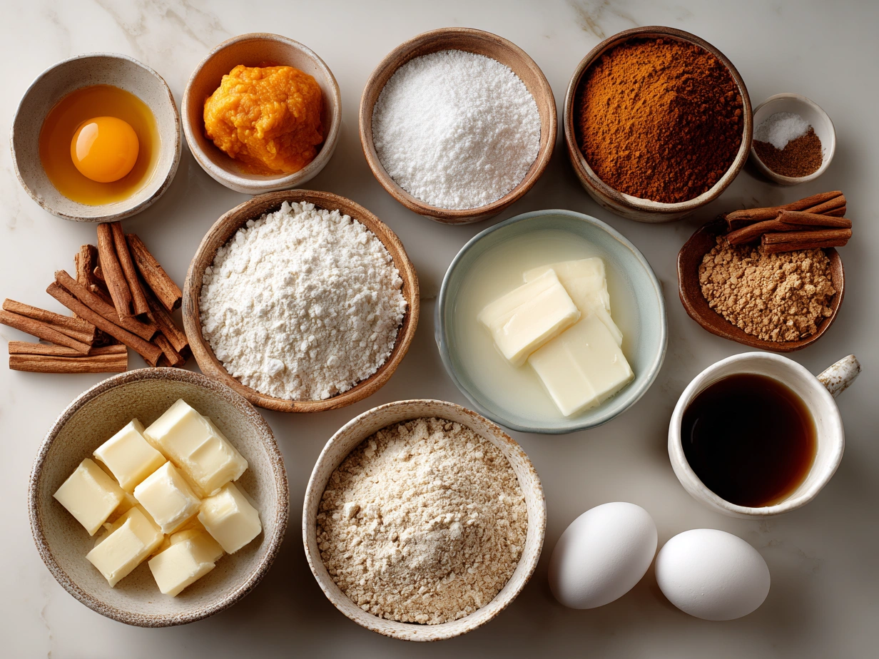 Top down view of raw ingredients for butternut squash apple coffee cake on a wooden table.