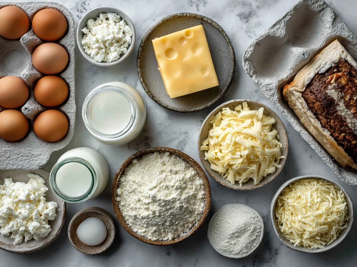 Top down raw ingredients for cheesy breakfast casserole on marble surface