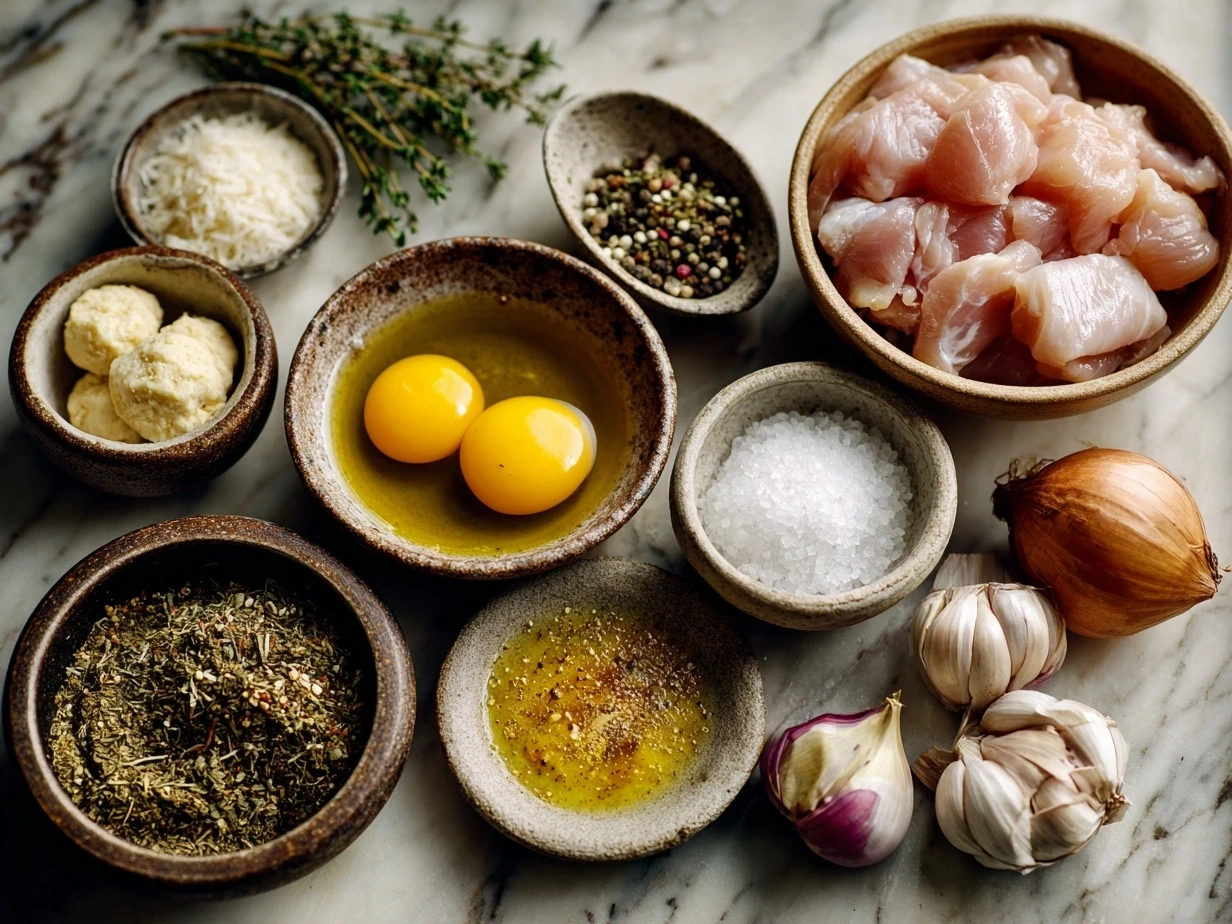 Top down shot of raw ingredients for Chicken and Dumplings recipe: chicken, broth, vegetables, flour, and seasonings