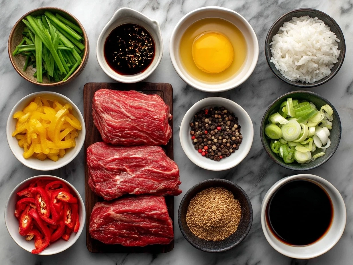 Top-down view of raw ingredients for Chinese pepper steak on marble with organized kitchen mise en place