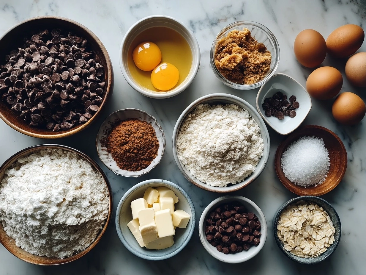 Raw ingredients for making chocolate chip cookies on a marble surface
