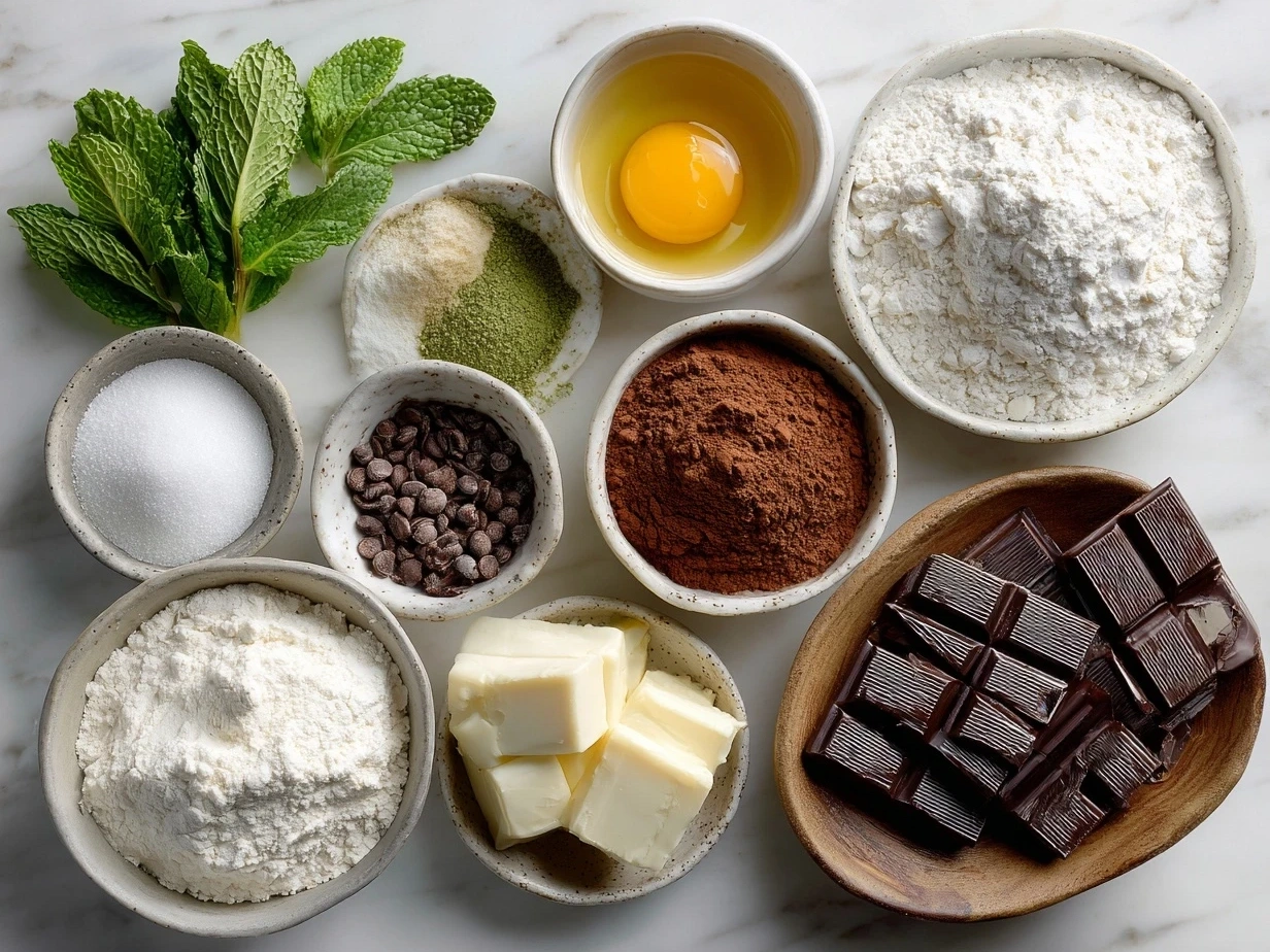 Top down view of raw ingredients for Chocolate Mint Pie including cookie crumbs, coconut oil, cream, chocolate chips, maple syrup, peppermint extract, and fresh mint leaves