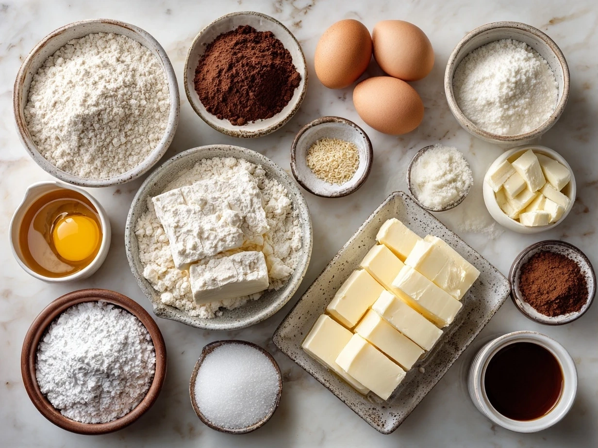 Top-down view of raw ingredients for French Toast Casserole on a marble surface