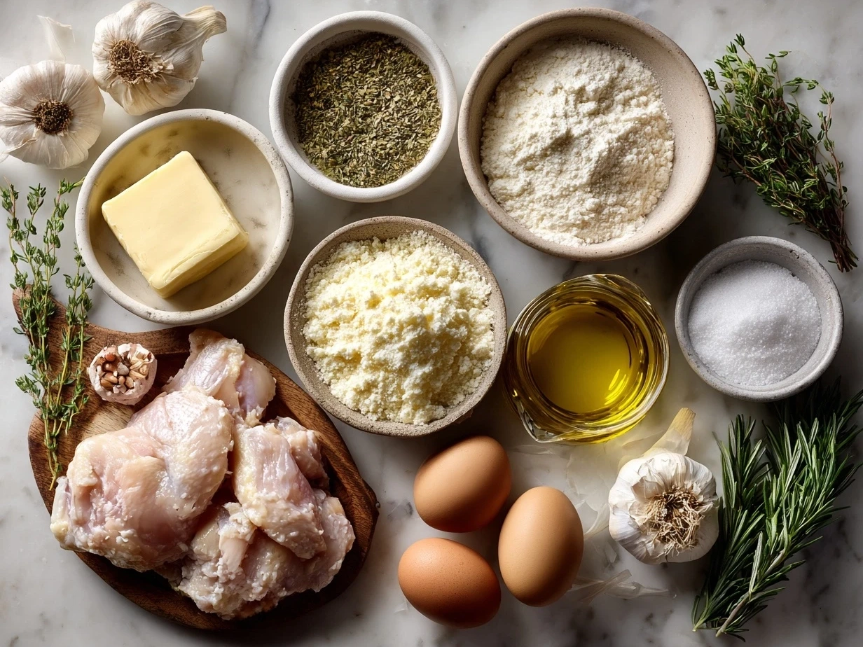 Top down view of raw ingredients for garlic parmesan chicken laid out on marble countertop