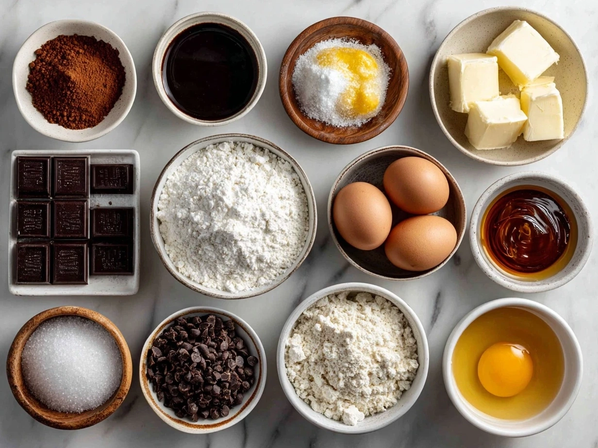 All raw ingredients top-down for Hidden Heart Chocolate Loaf Cake including flour, cocoa powder, eggs, Greek yogurt, honey, milk, vanilla, dark chocolate chips, and berry jam