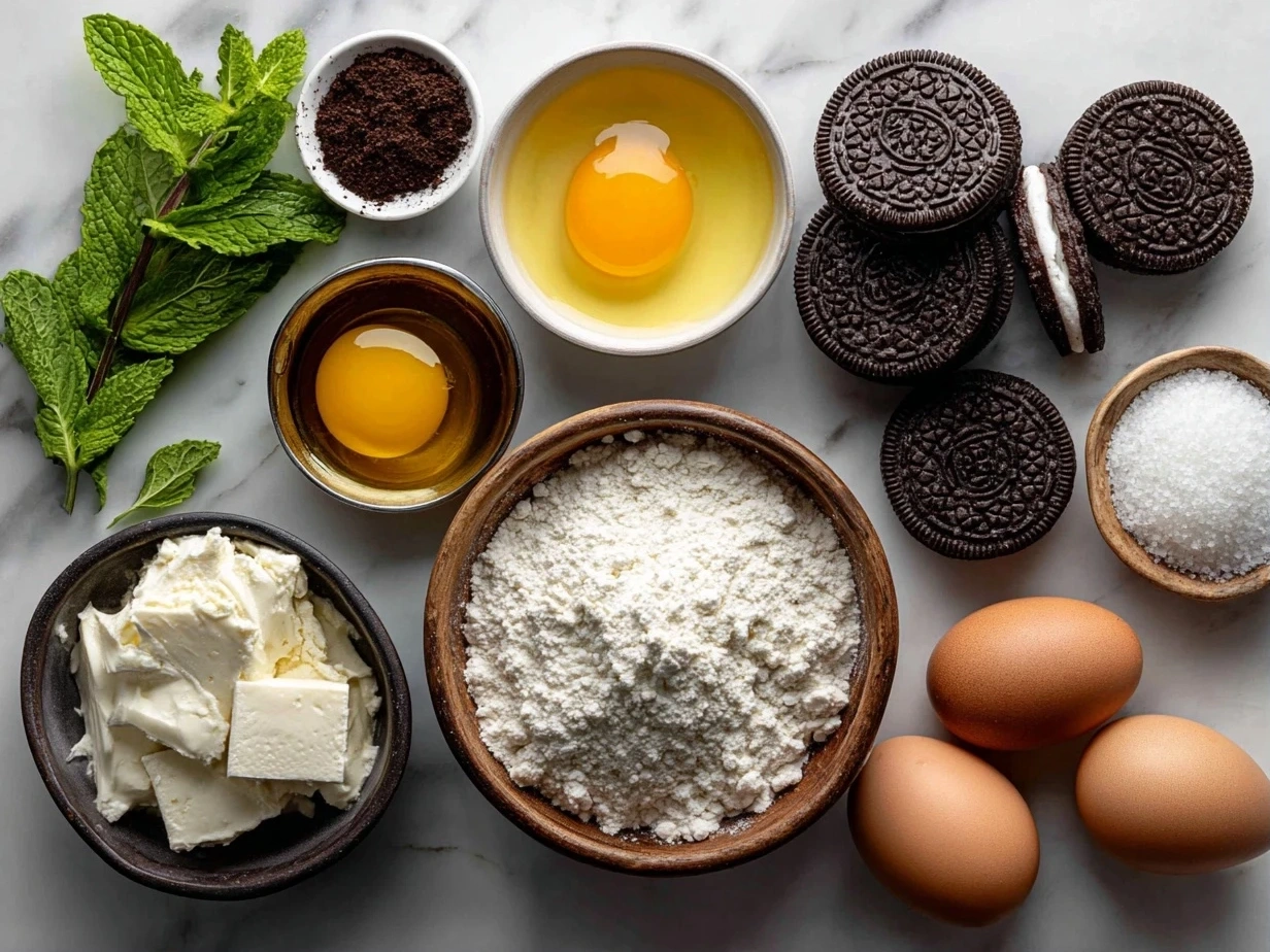 Top-down view of raw ingredients for Mint Oreo Brownies laid out on a surface