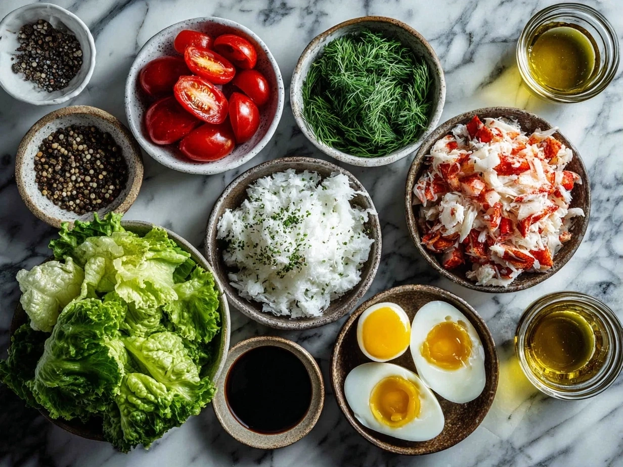 Top-down view of raw ingredients for Paleo Crab Louie salad on white marble surface