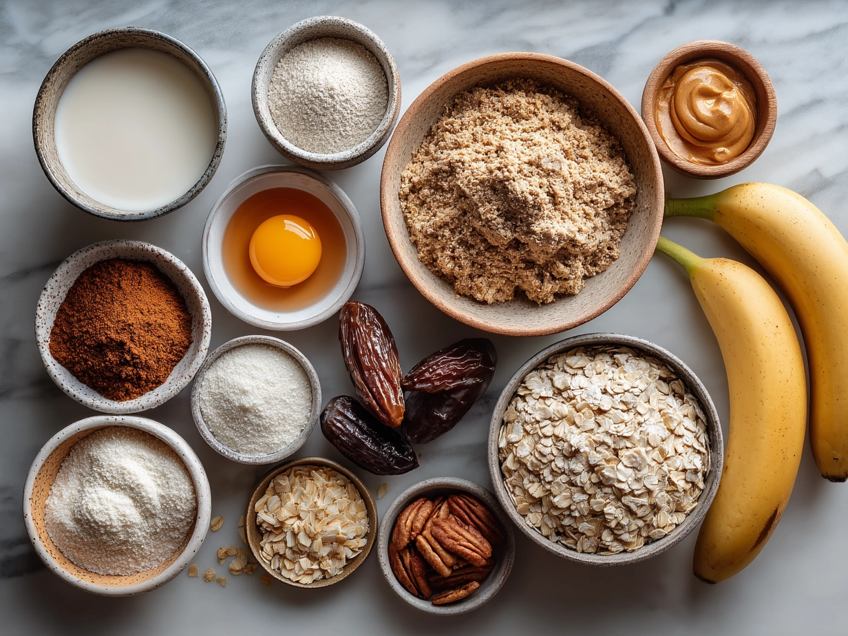 Top-down view of raw ingredients for Peanut Butter Banana Oat Bars including bananas, peanut butter, oats, honey, cinnamon.