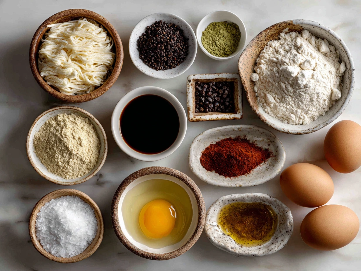 Top down photo of raw ingredients for ramen noodle soup on marble surface