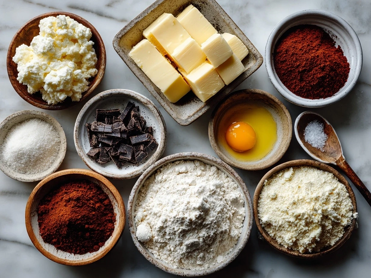 Ingredients for Red Velvet Cream Cheese Bundt Cake arranged on a table