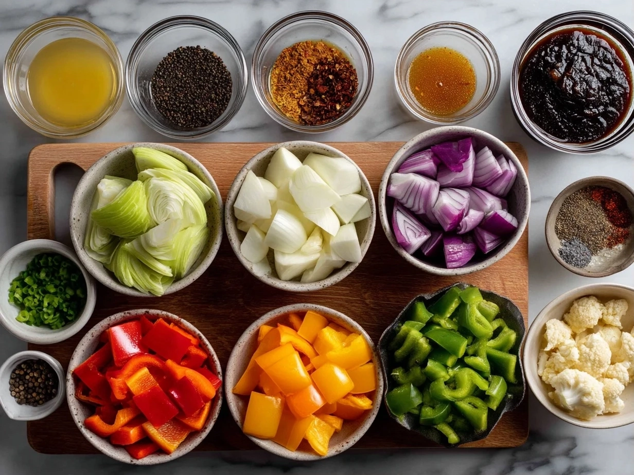 Top down raw ingredients for roasted veg soup on marble. Modern kitchen organized mise en place