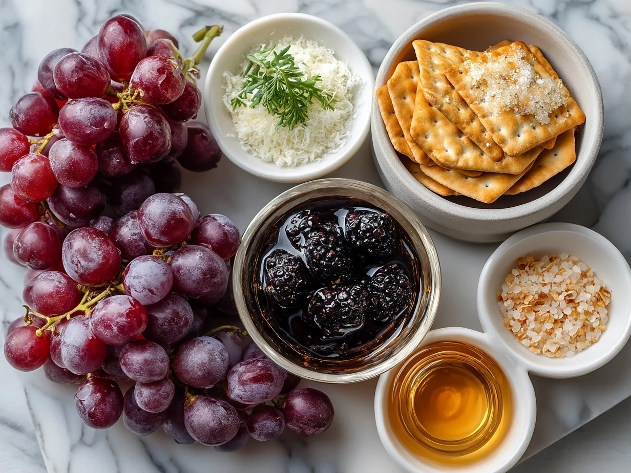 Top down raw ingredients for Sparkling Grape and Silver Cracker Platter