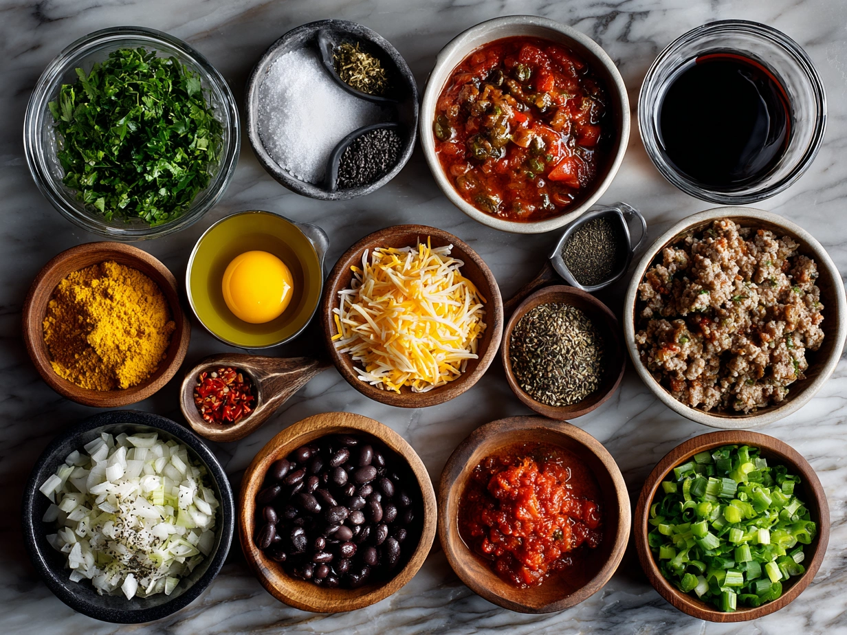 Top down view of raw ingredients for Turkey Burger Chili including turkey ground meat, diced onion, bell pepper, garlic, canned tomatoes, black beans, and spices