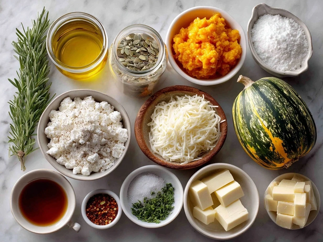 Top down shot of raw ingredients for Butternut Squash Lasagna, including butternut squash, cheeses, noodles, garlic, and spices