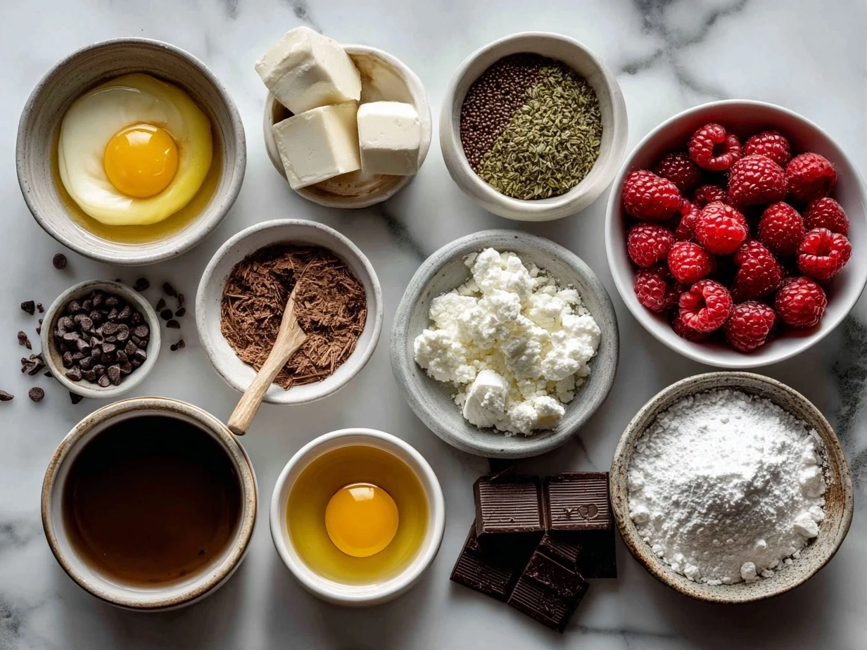 Top down view of raw ingredients for chocolate raspberry cake