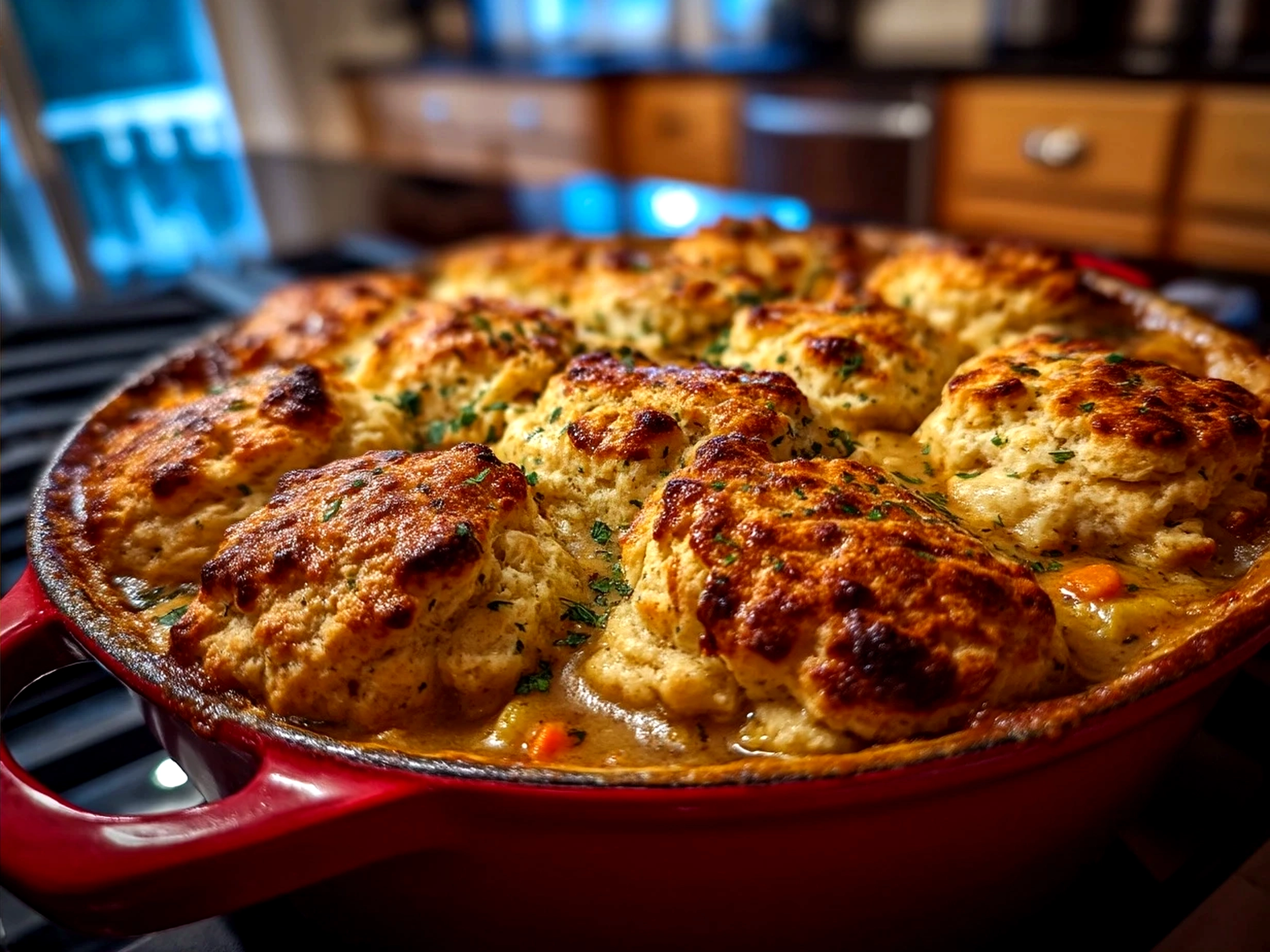 Freshly baked Turkey Pot Pie with Biscuit Topping served in a dish with golden biscuits