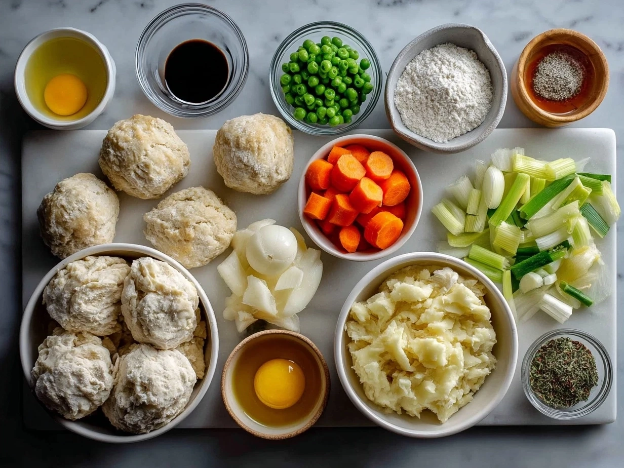 Ingredients for Turkey Pot Pie with Biscuit Topping including turkey, vegetables, broth, and biscuit dough