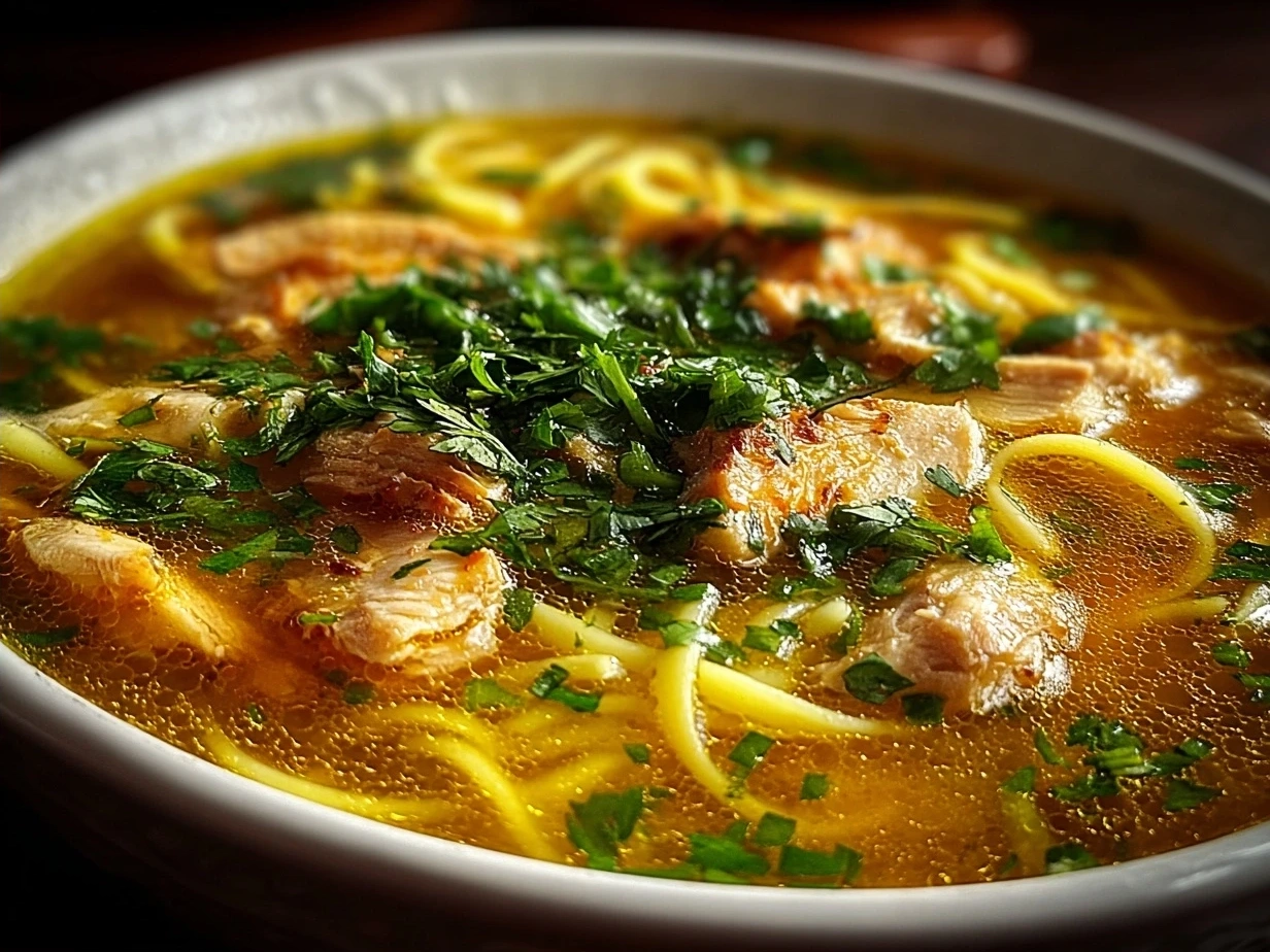 A bowl of Turmeric Ginger Chicken Noodle Soup garnished with fresh herbs on a wooden table