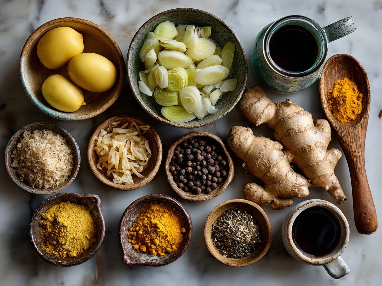 Ingredients for Turmeric Ginger Chicken Noodle Soup displayed on a kitchen counter