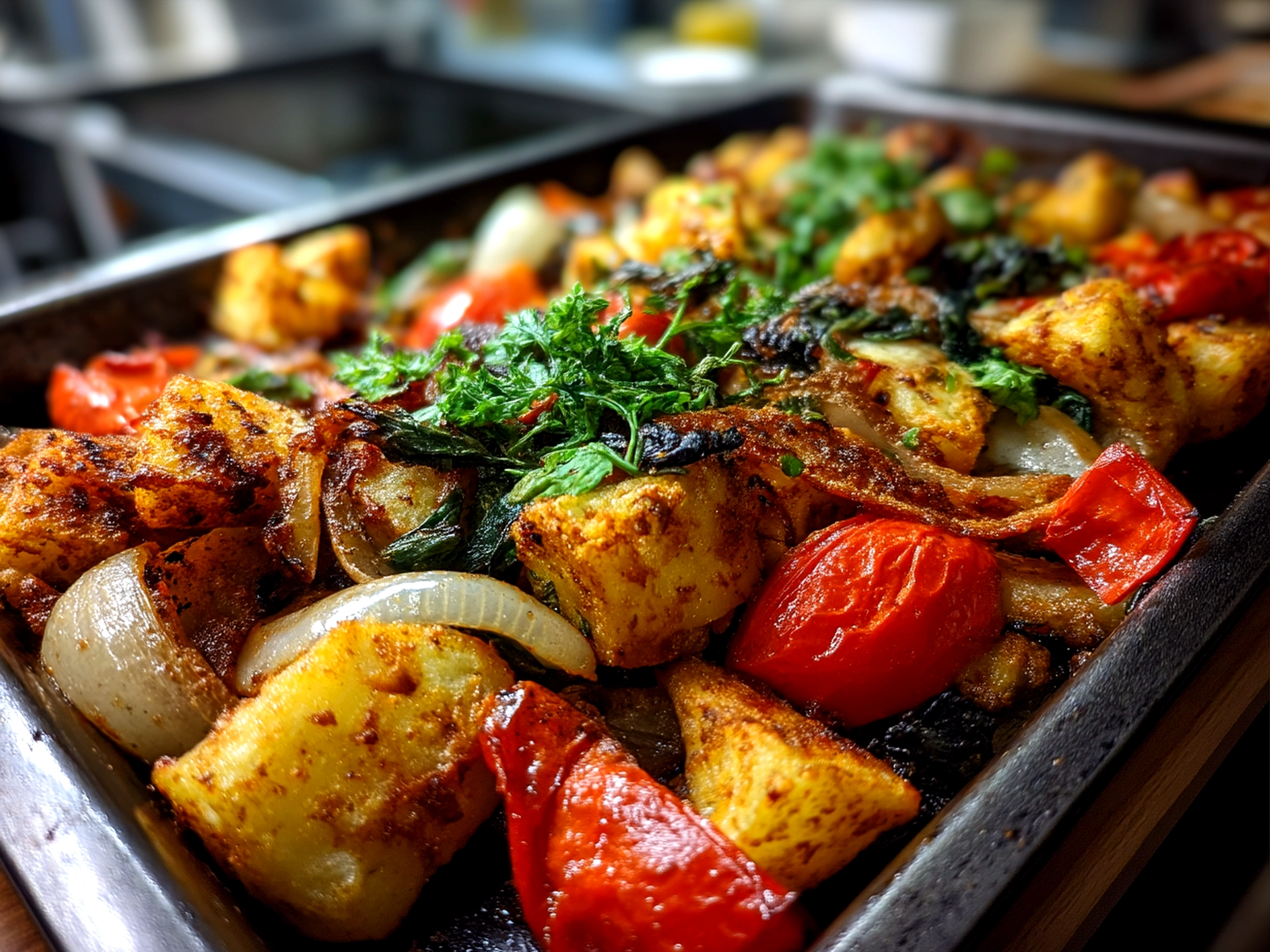 Finished Veggie Sheet Pan Hash served on a plate garnished with fresh herbs