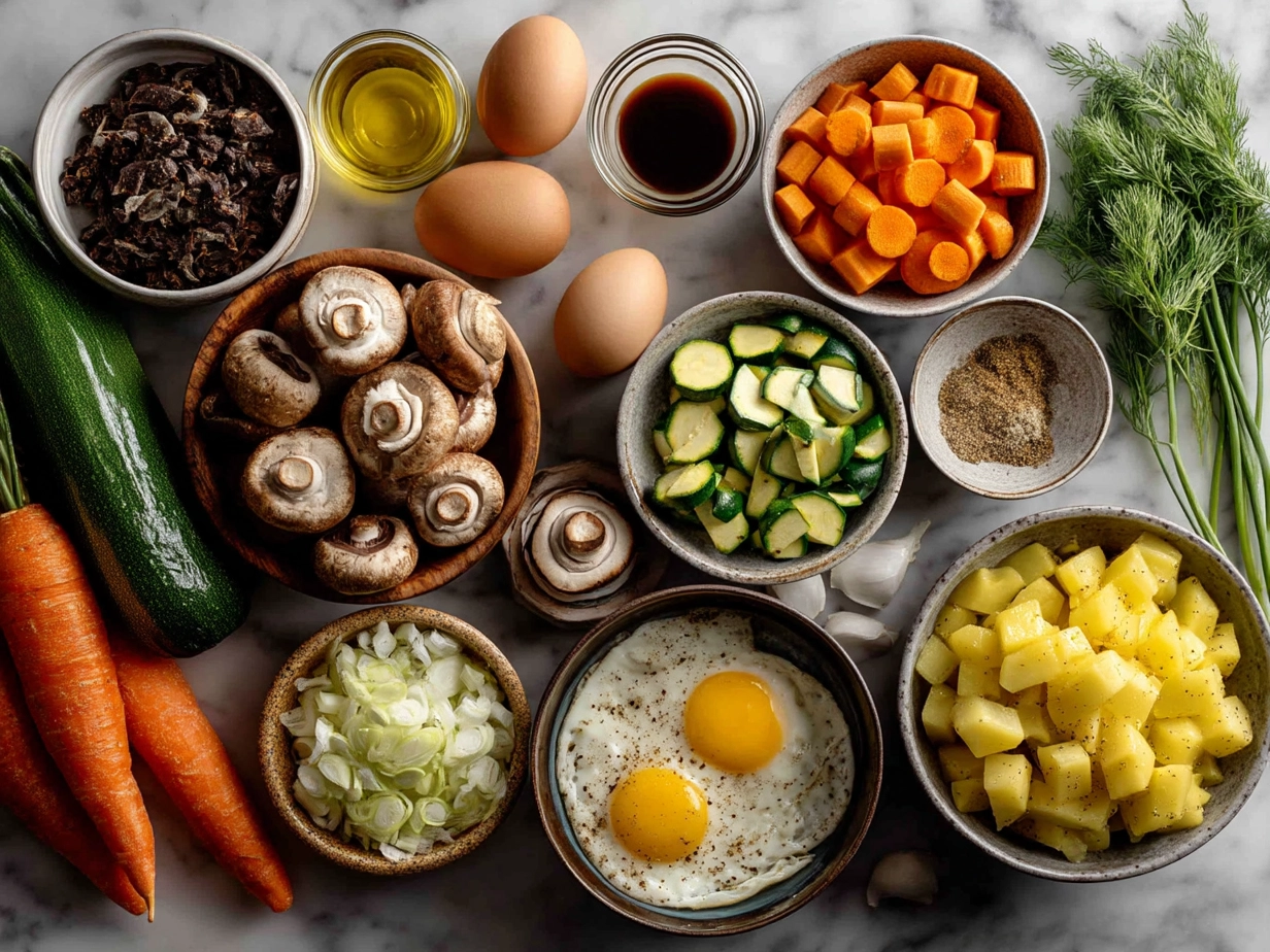 Ingredients for Veggie Sheet Pan Hash including sweet potatoes, bell pepper, zucchini, tomatoes, and spices