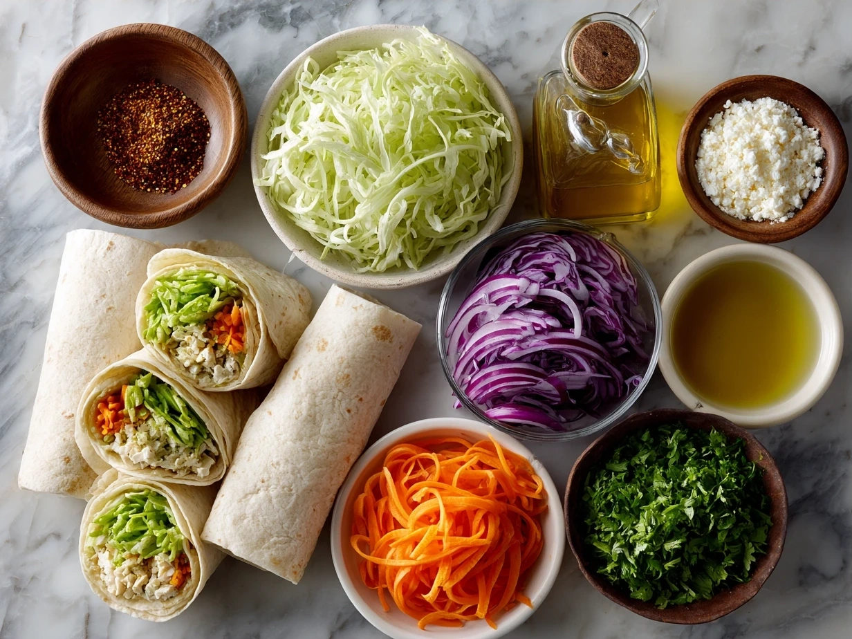 Fresh ingredients for a veggie wrap including leafy greens, cucumber, red bell pepper, avocado, carrots, and hummus