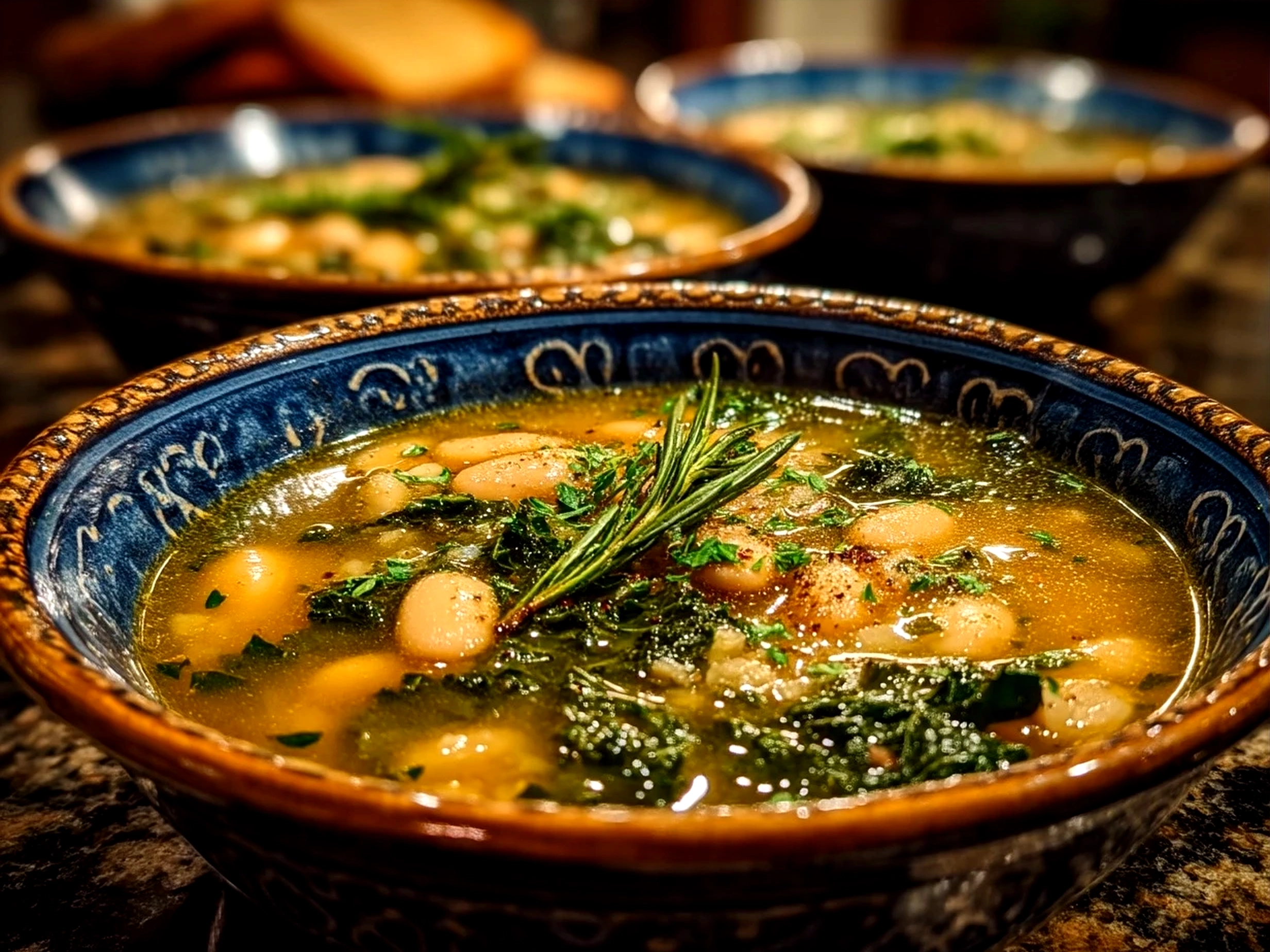 Bowl of White Bean Kale Soup served with bread and garnish