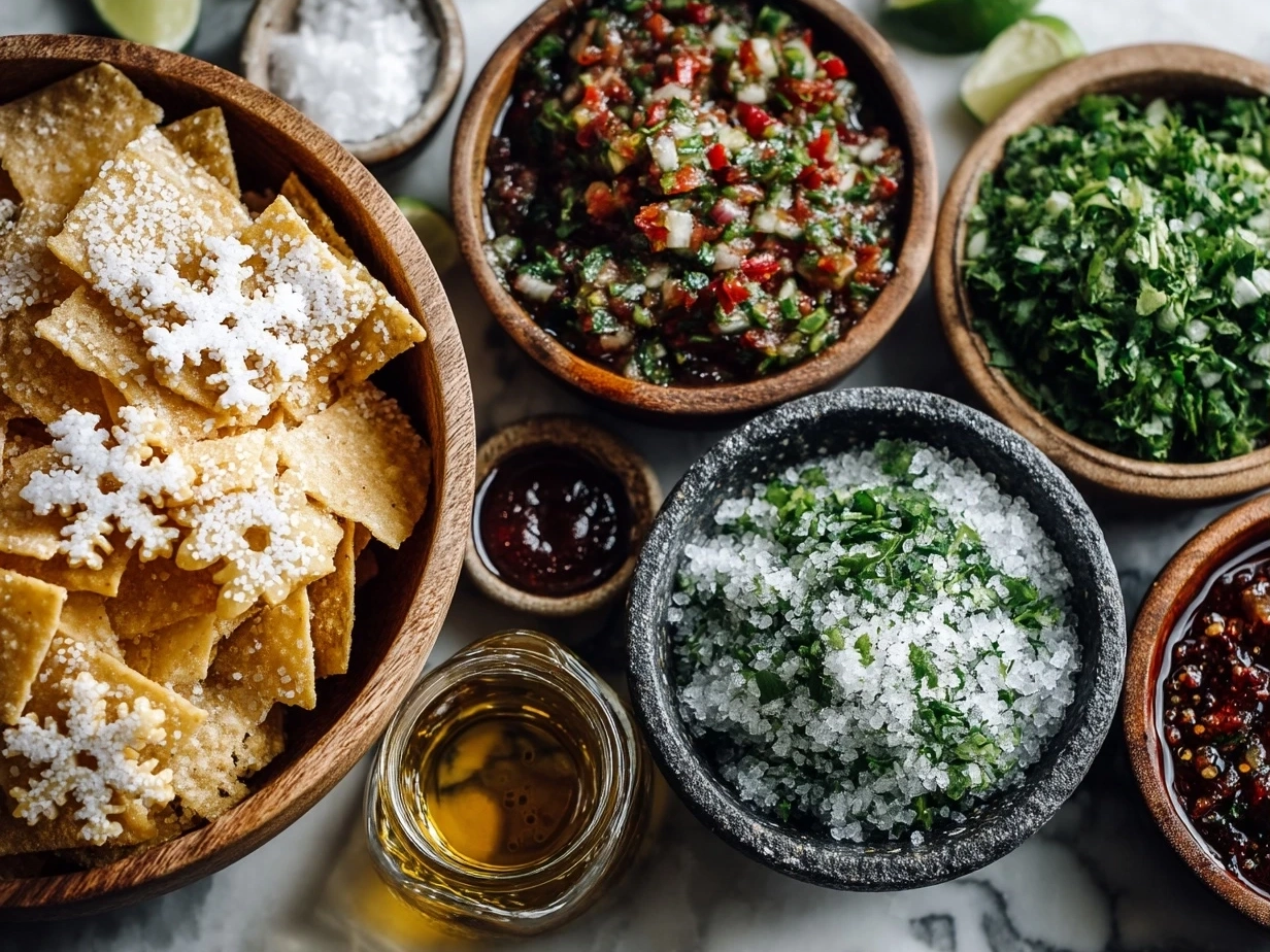 Ingredients for winter salad with snowflake tortilla chips and fresh homemade salsa