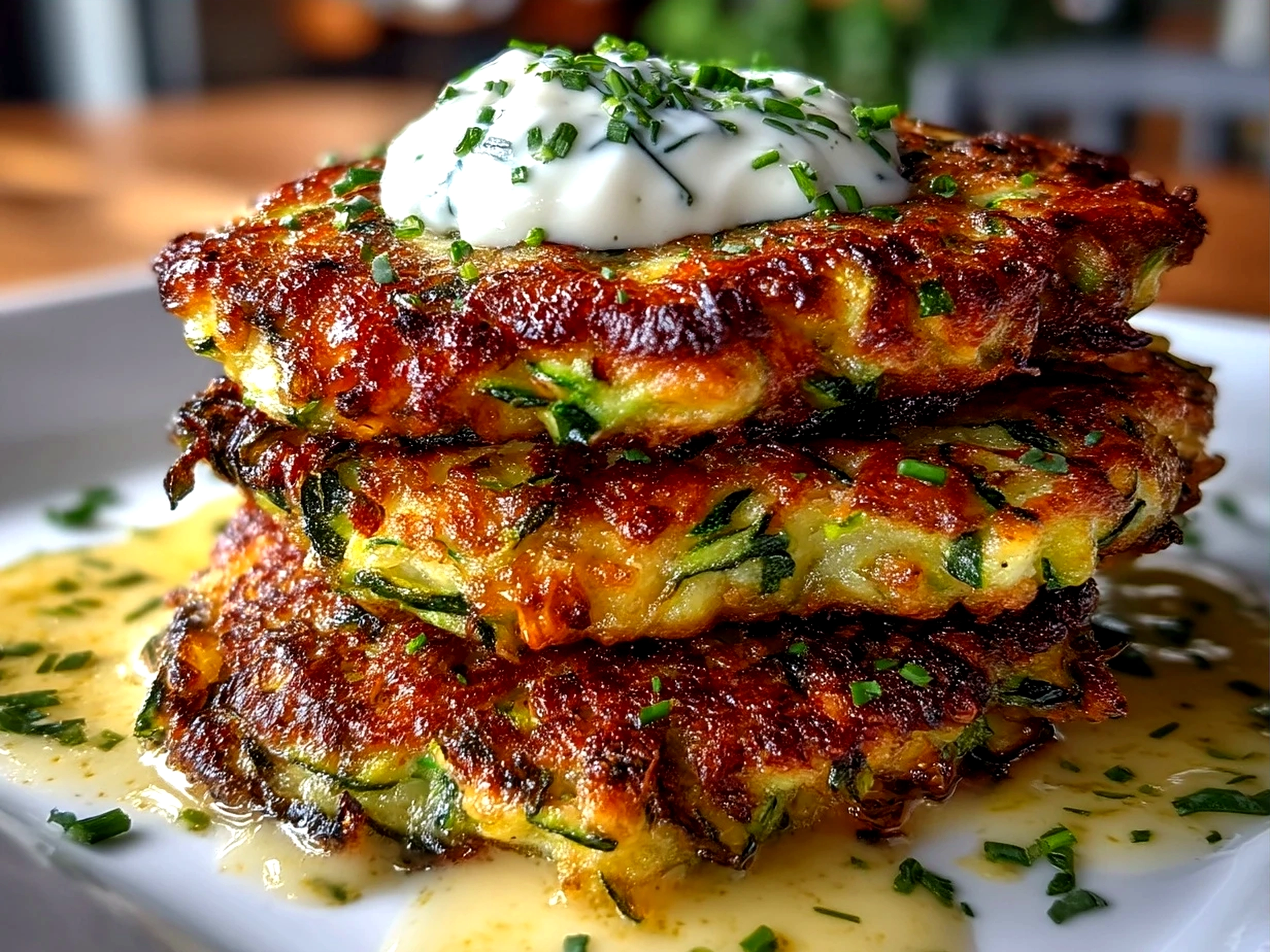 A plated Zucchini Fritter Stack with Yogurt Sauce with fresh herbs on top