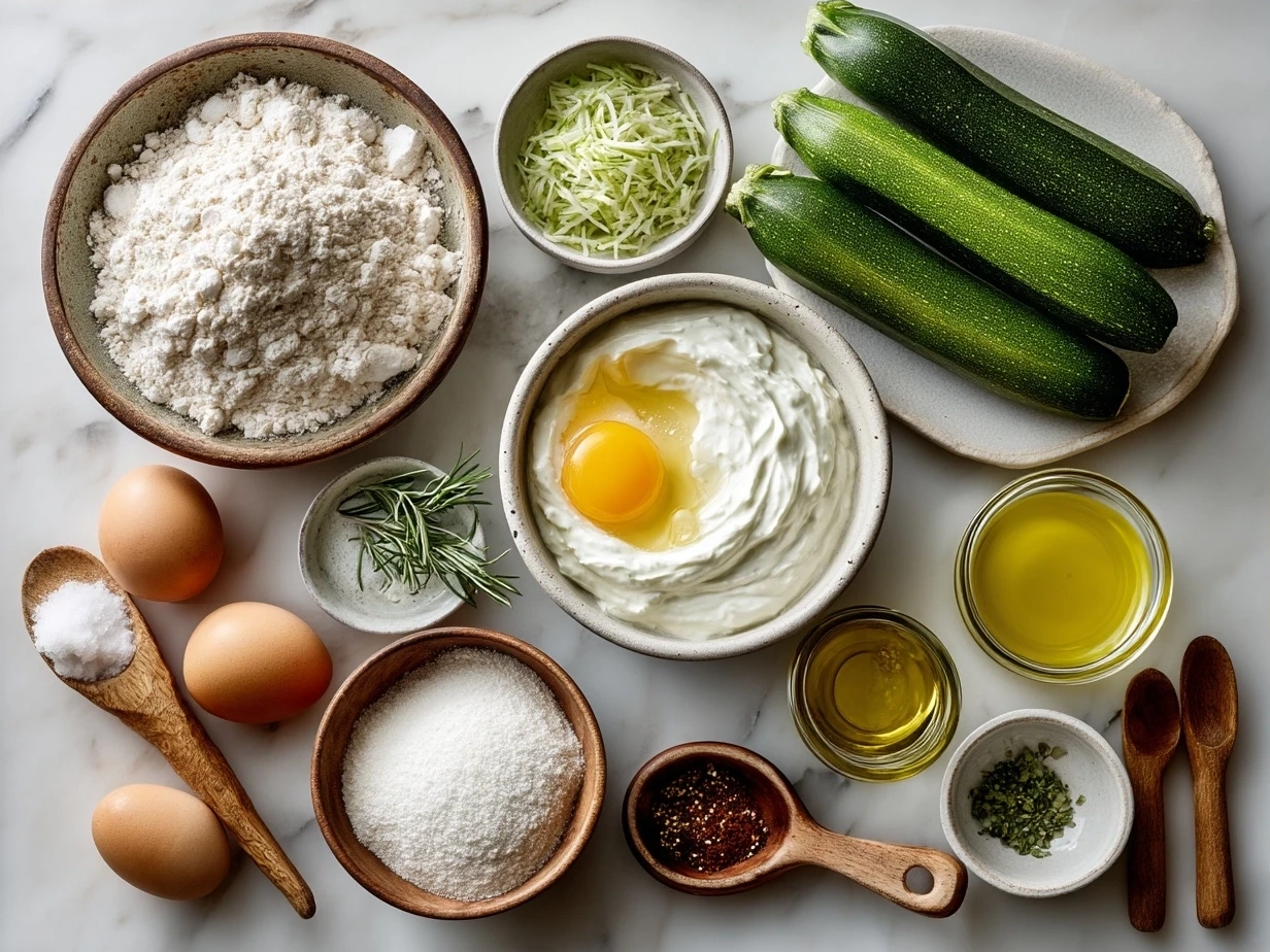 Ingredients for Zucchini Fritter Stack with Yogurt Sauce including zucchini, flour, eggs, and yogurt sauce