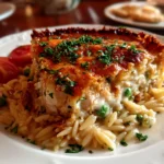 Amateur kitchen, taken with iPhone 13. Close-up slight angle of freshly prepared Chicken Pot Pie Orzo on white plate. Warm appetizing --ar 4:3 --style raw --s 220