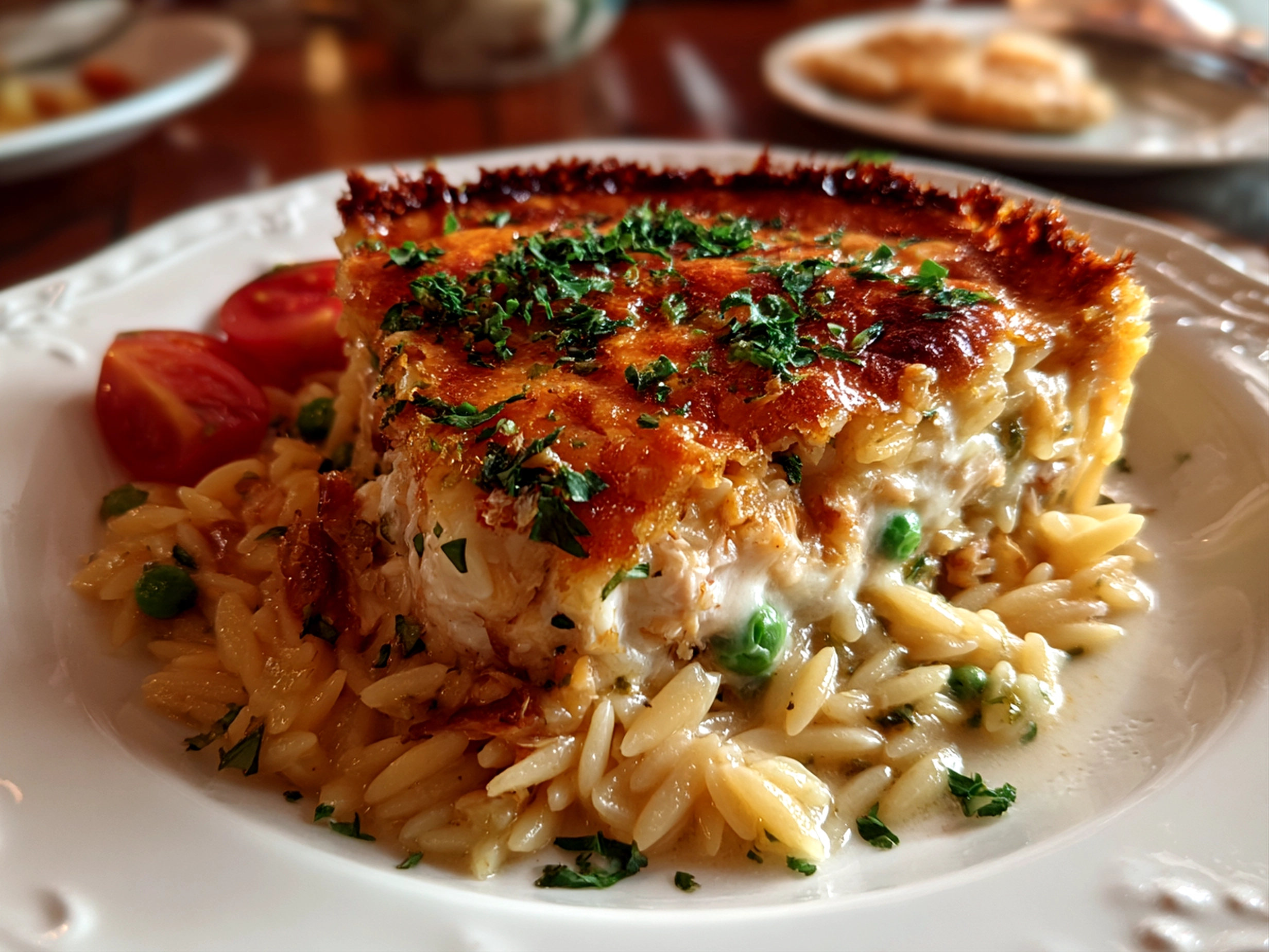 Amateur kitchen, taken with iPhone 13. Close-up slight angle of freshly prepared Chicken Pot Pie Orzo on white plate. Warm appetizing --ar 4:3 --style raw --s 220