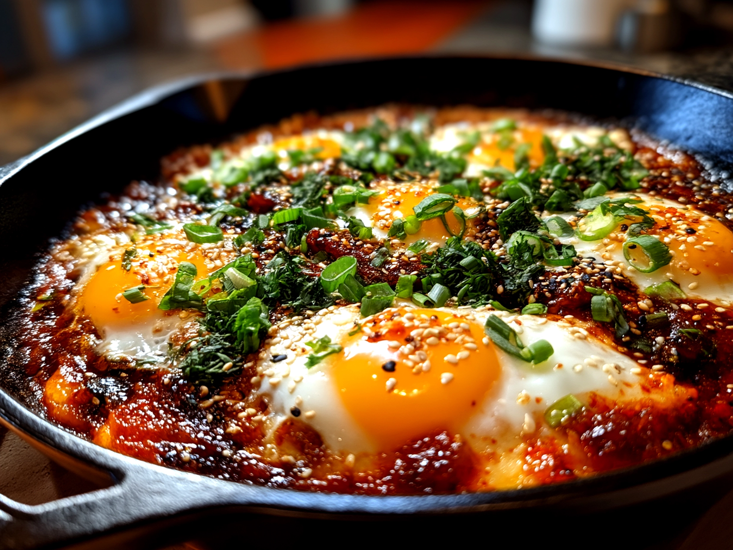 Close-up of a finished plate of comforting Spicy Gochujang Eggs garnished with green onions and sesame seeds