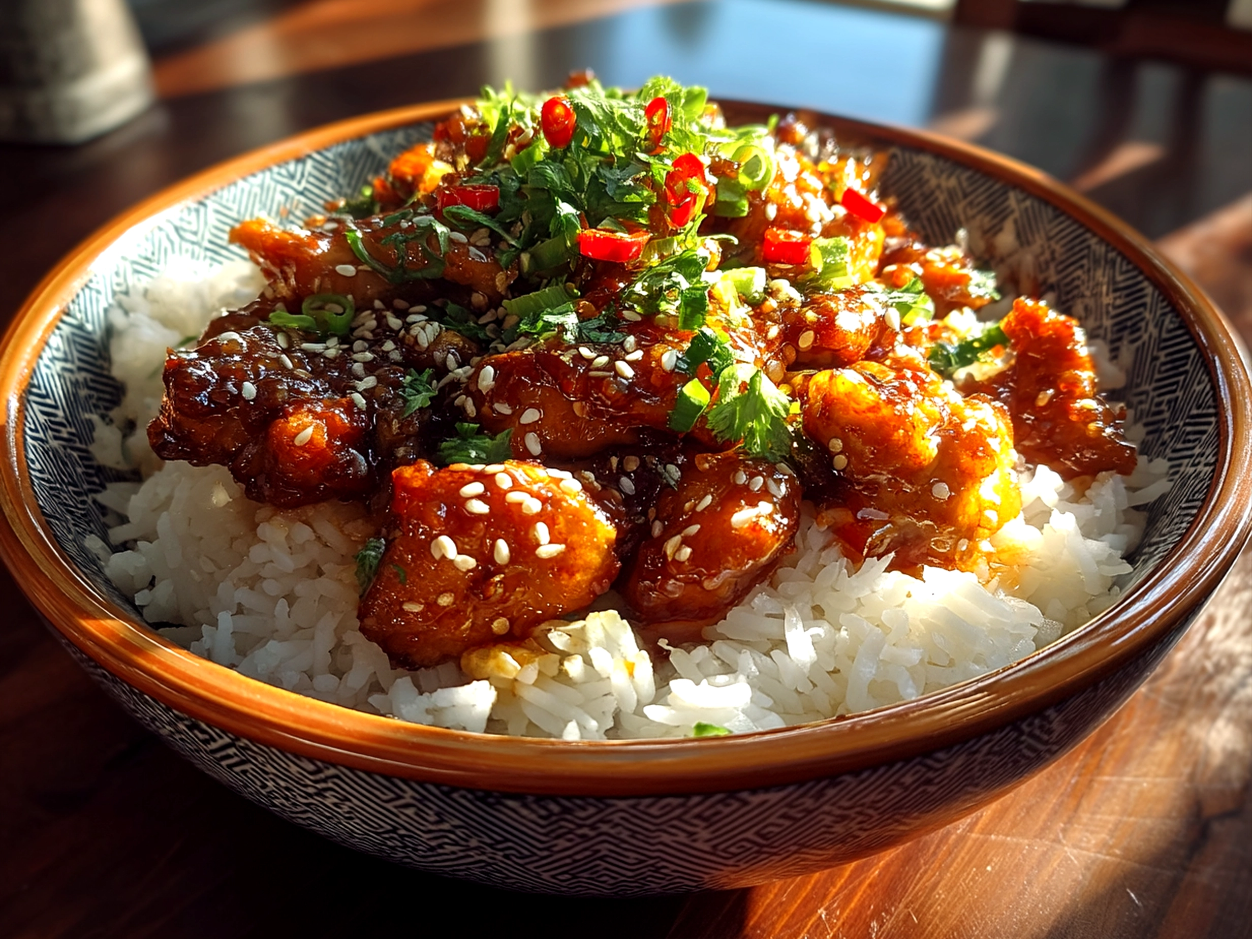 Close up finished homemade Sweet Chili Chicken Bowl, warm and appetizing