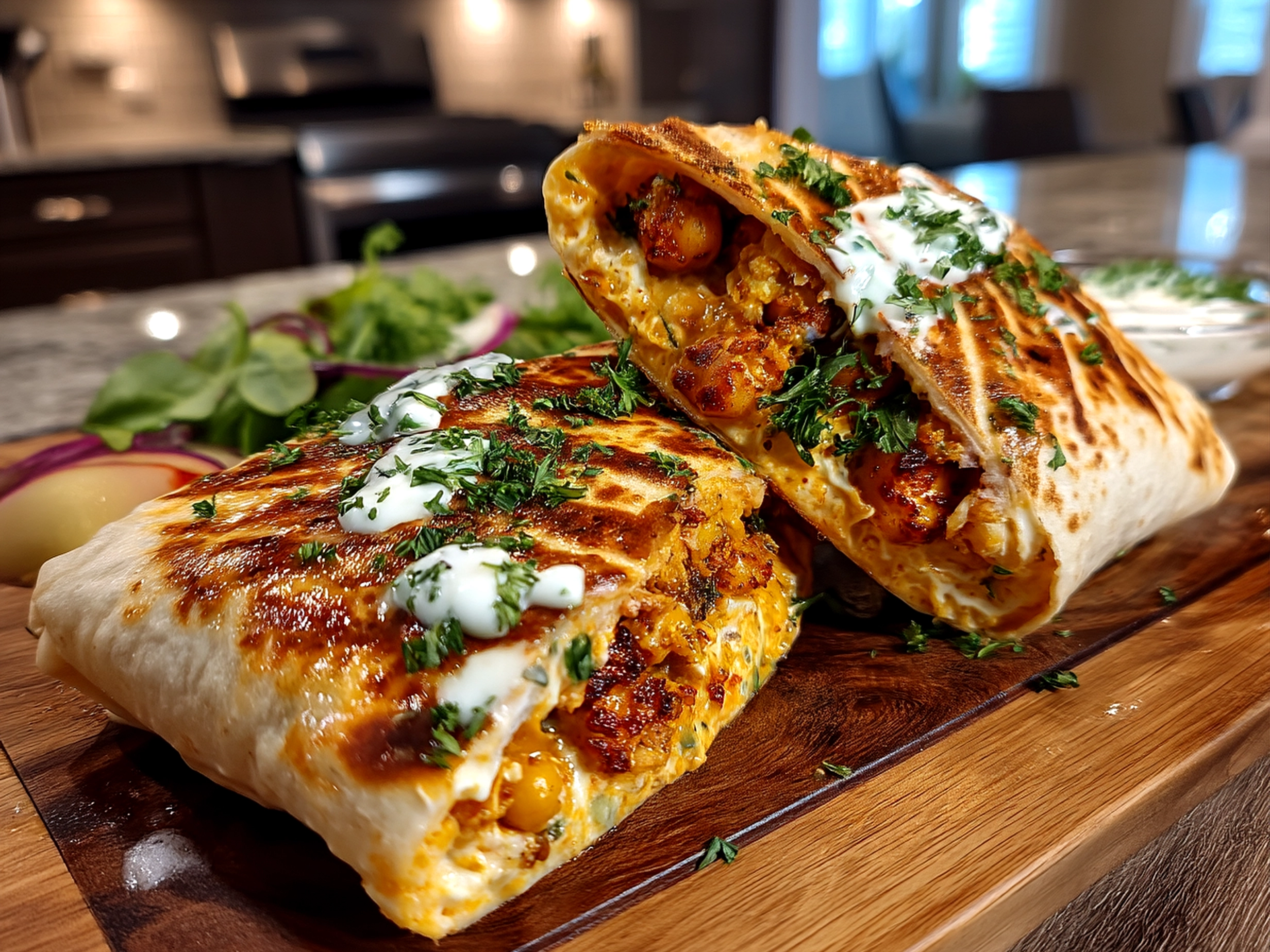 Close-up of finished comforting buffalo chickpea wraps served on a plate