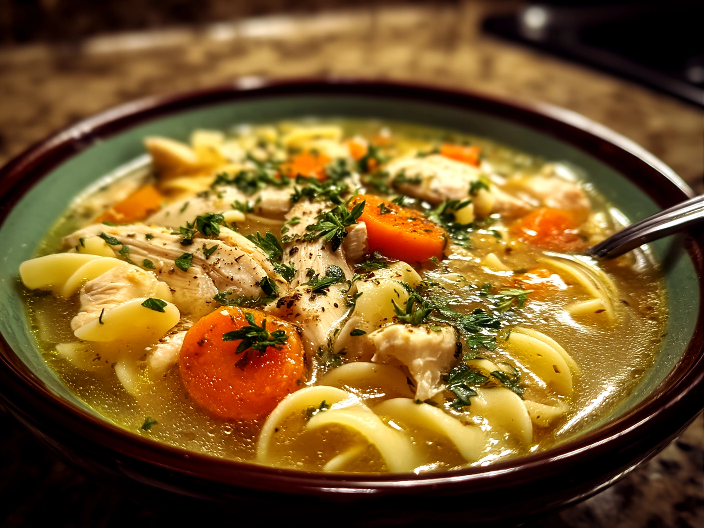 Close up of finished homemade chicken noodle soup in a bowl, hearty and comforting