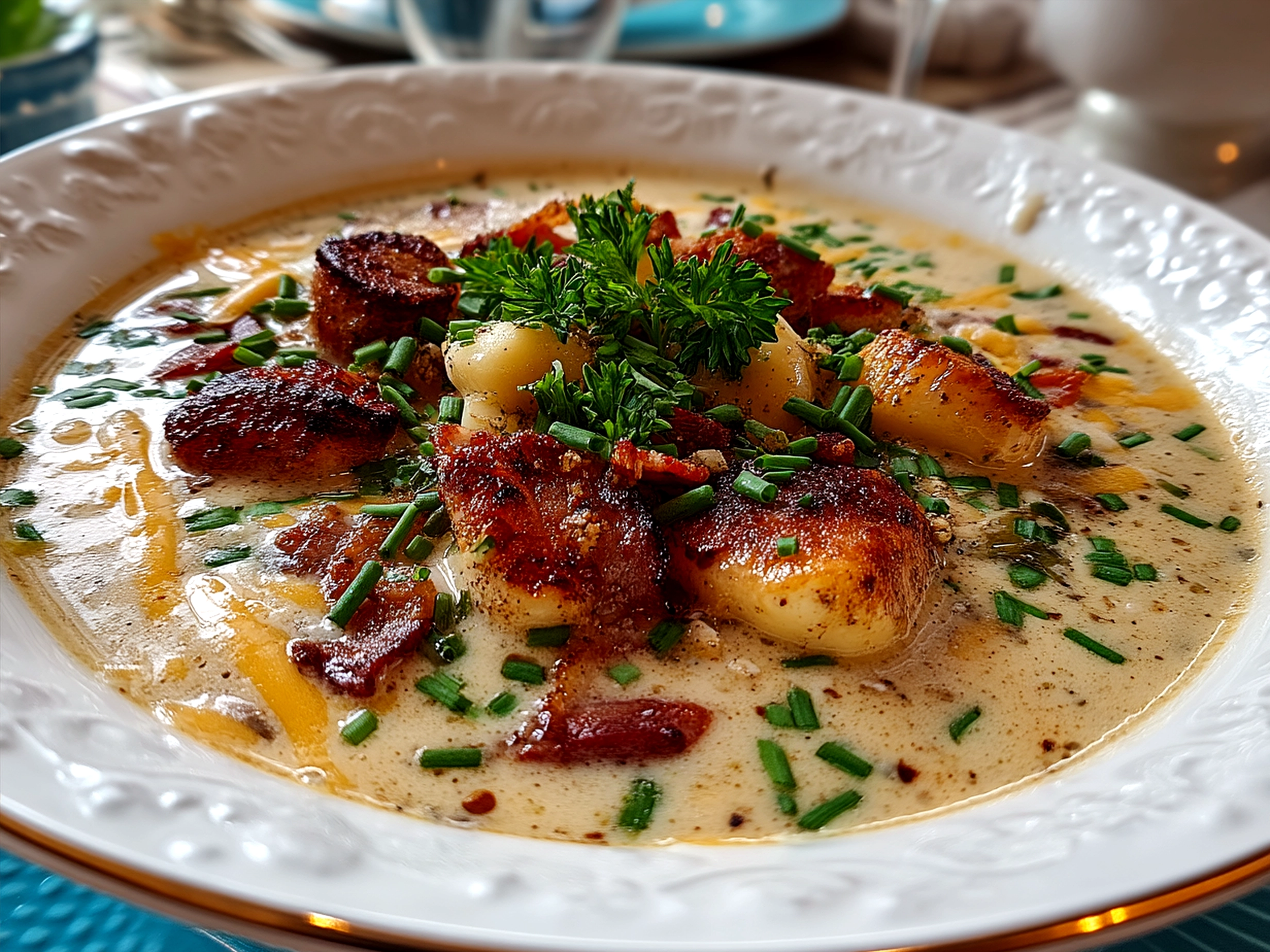 Bowl of Bacon Cheddar Gnocchi Soup with a side salad and garlic bread