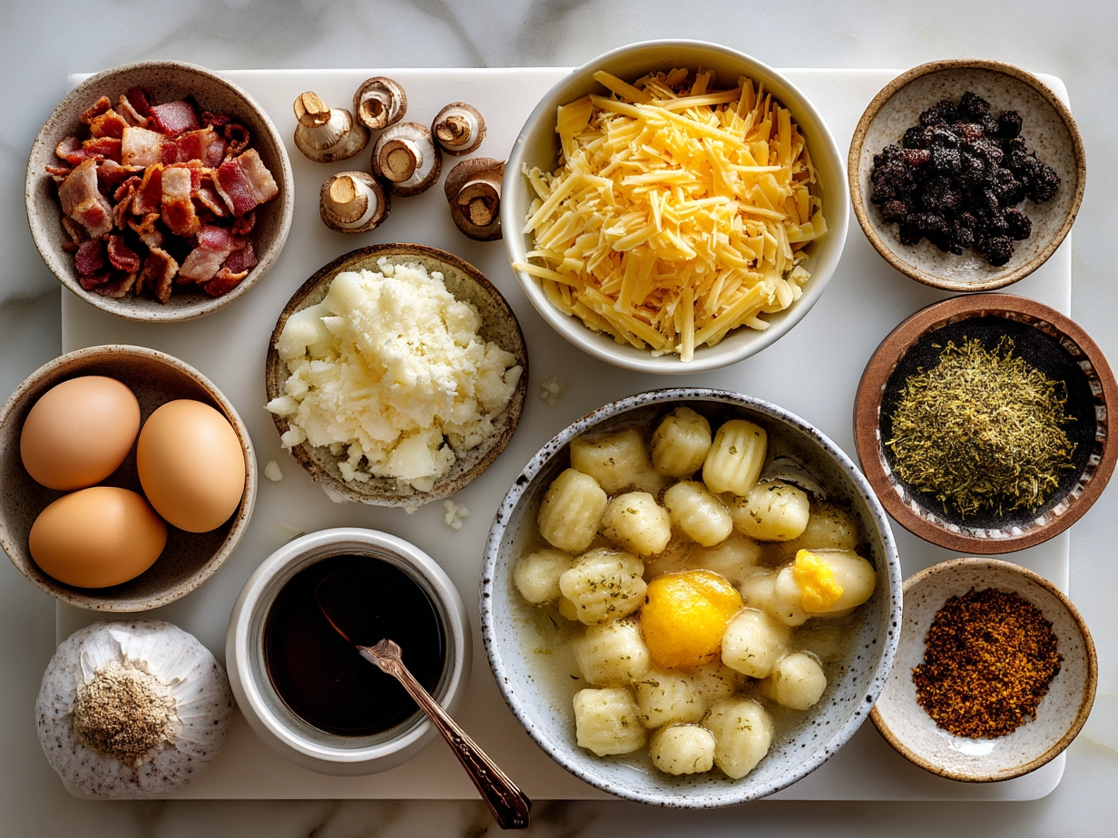 Ingredients for Bacon Cheddar Gnocchi Soup laid out neatly