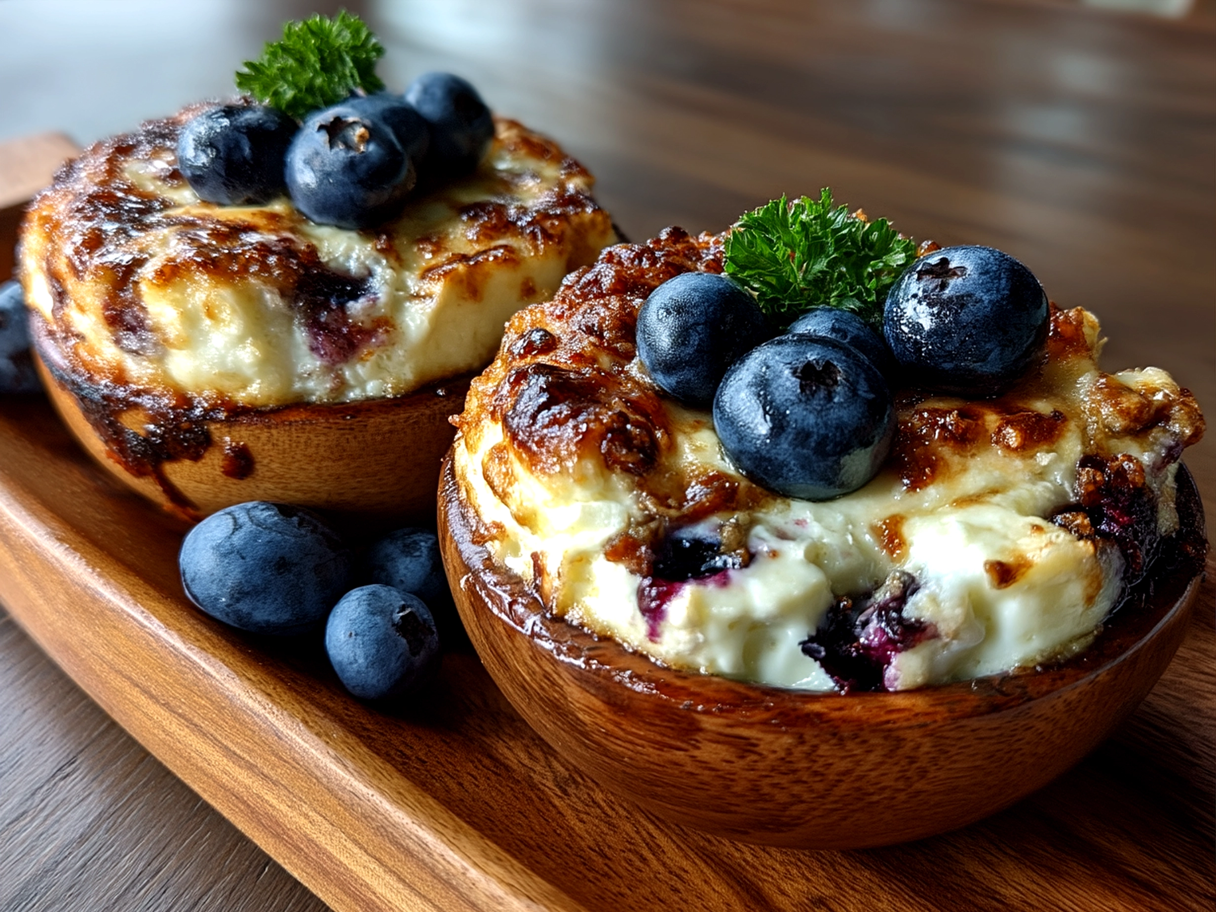 A serving of baked blueberry cottage cheese bowls garnished with fresh blueberries and nuts