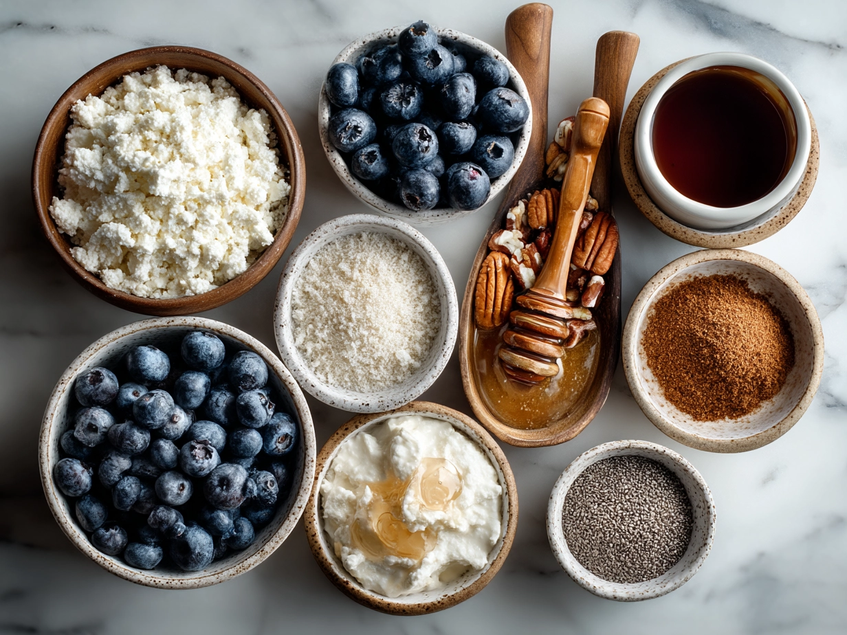 Ingredients for baked blueberry cottage cheese bowls laid out on a counter