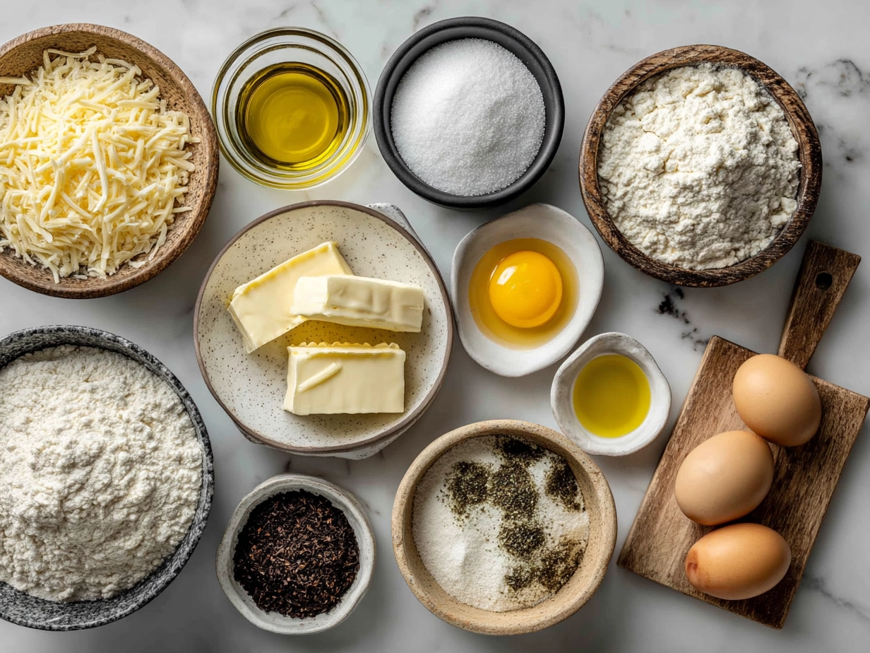 Ingredients for Baked Cheesy Dumpling Casserole including flour, cheese, milk, and vegetables