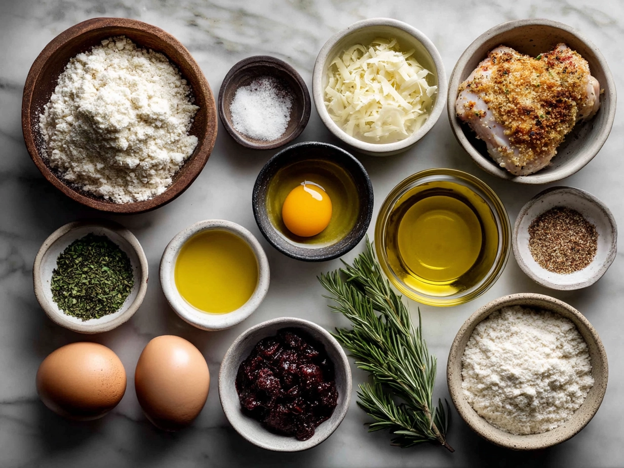 Ingredients for Baked Parmesan Crusted Chicken including chicken breasts, parmesan cheese, panko breadcrumbs, eggs, and seasonings
