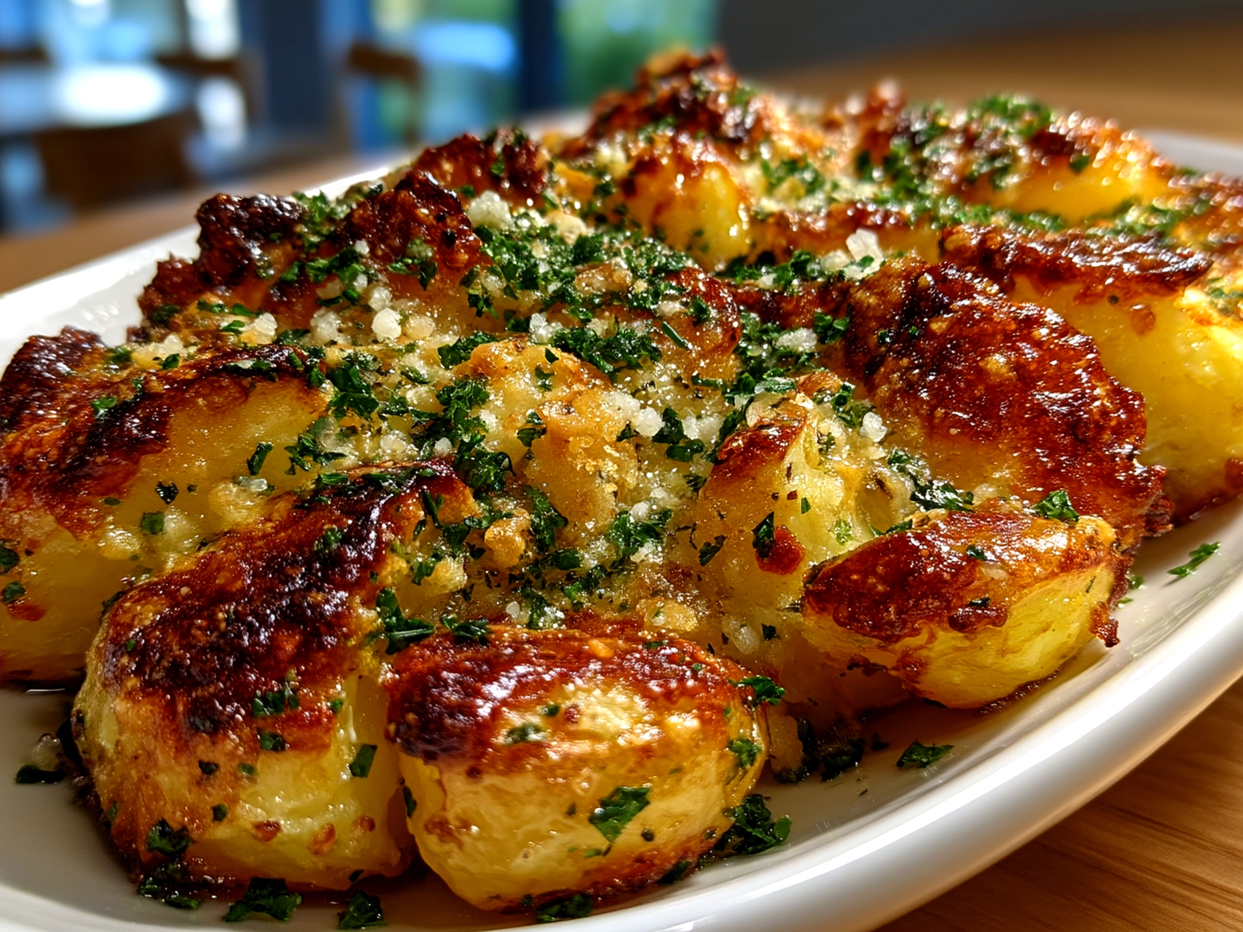 Baked Smashed Garlic Parmesan Potatoes served warm and garnished with fresh parsley