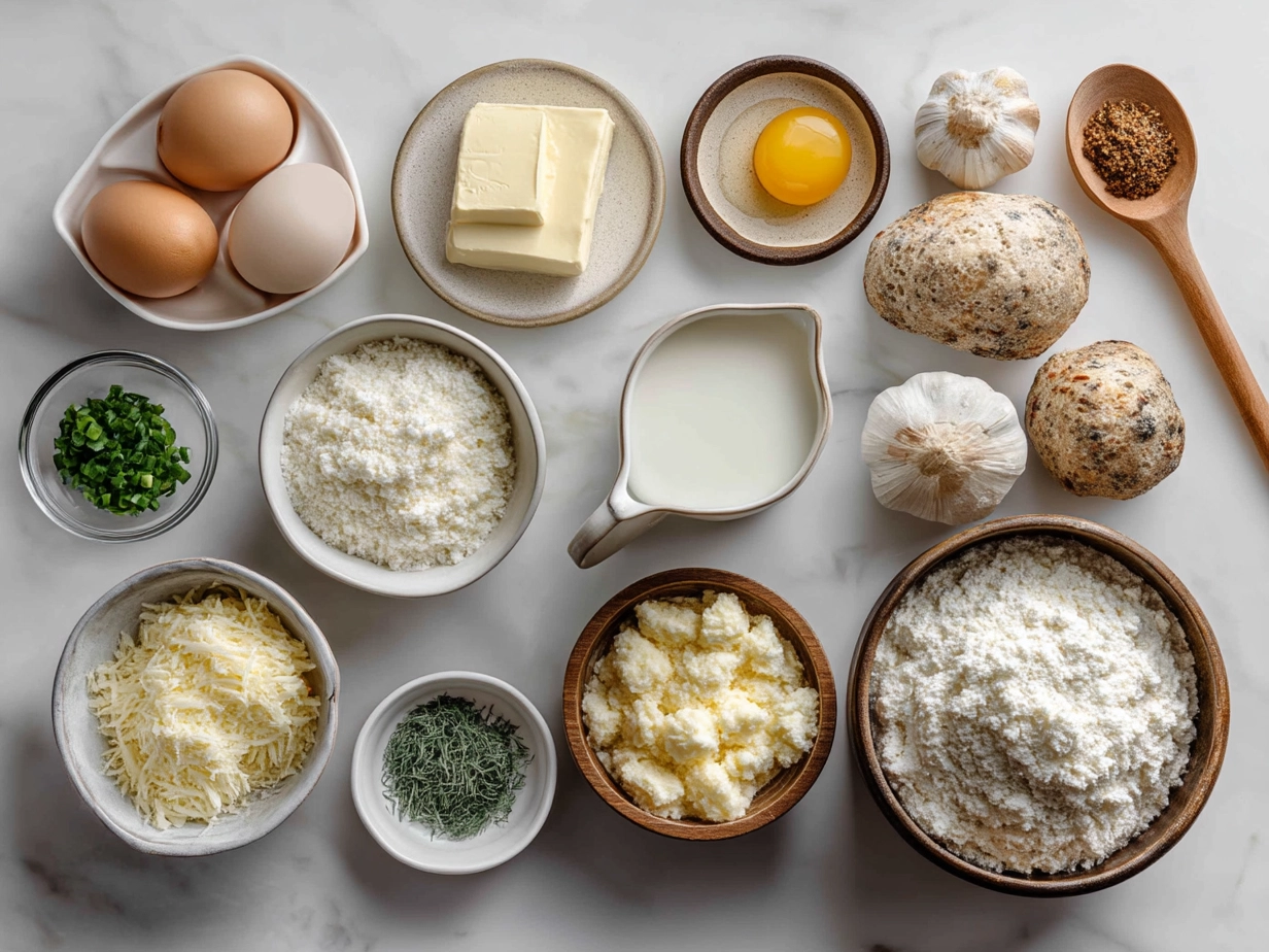 Ingredients for Baked Smashed Garlic Parmesan Potatoes showing baby potatoes, olive oil, garlic, Parmesan cheese, and herbs