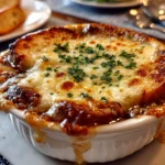 Beautiful comforting French Onion Soup close-up
