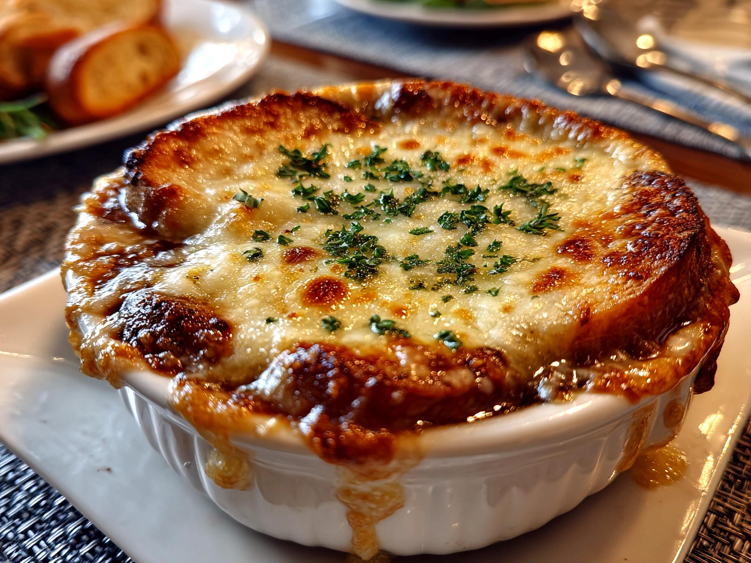 Beautiful comforting French Onion Soup close-up