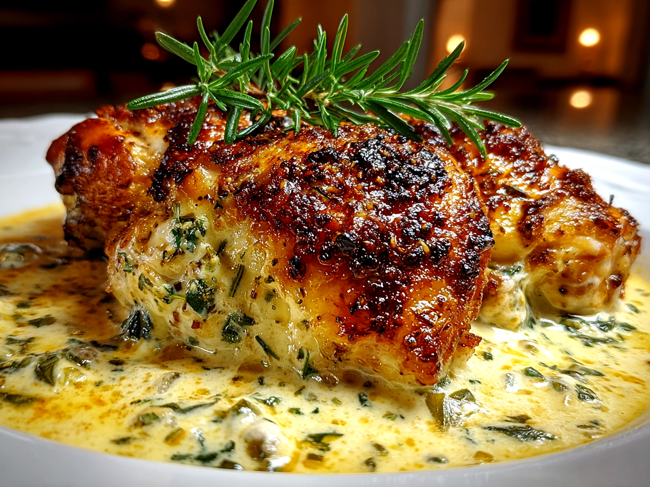 Beautiful herb roasted chicken on white plate