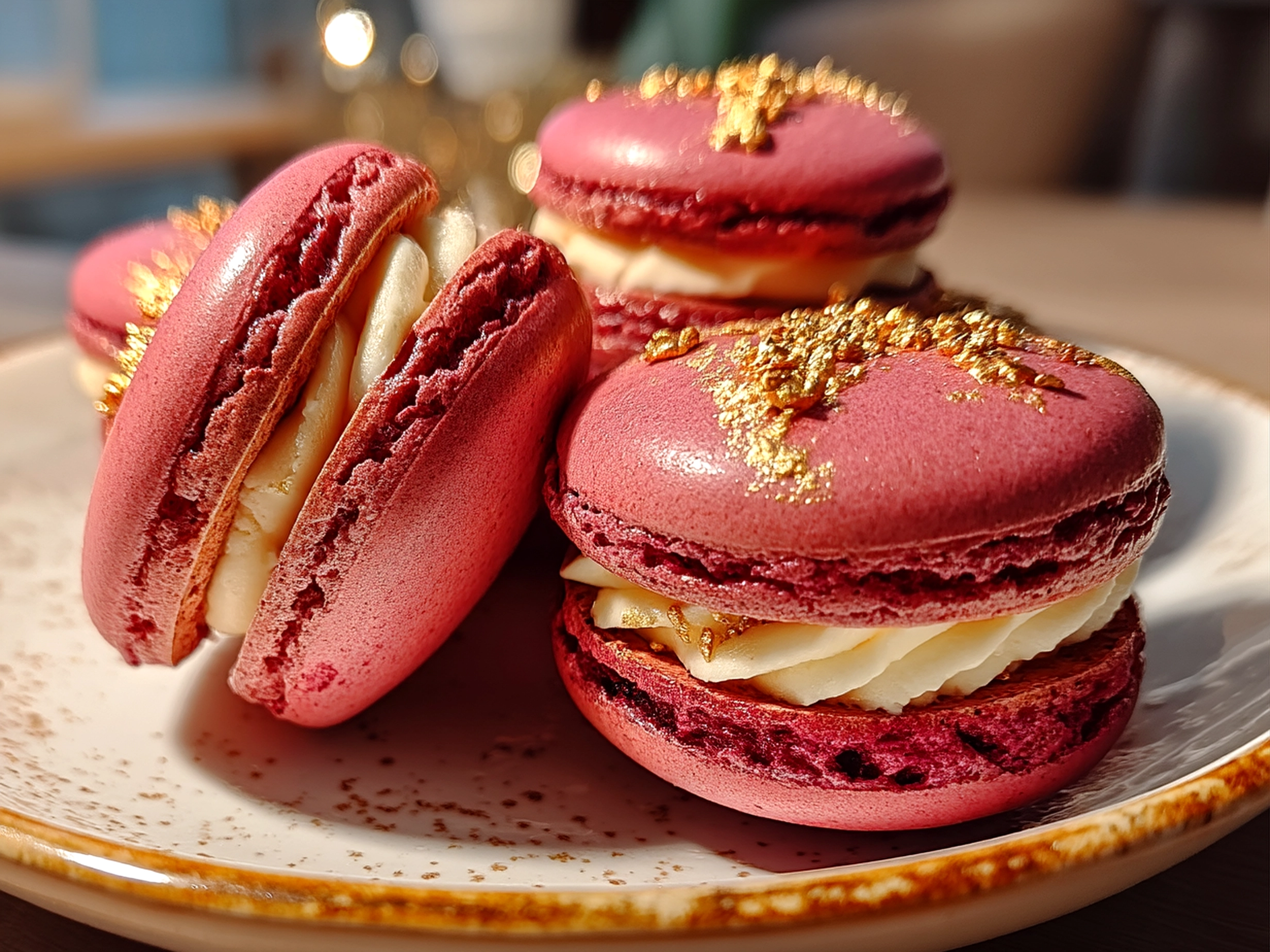 Finished vibrant red Beet Macarons served on a white plate